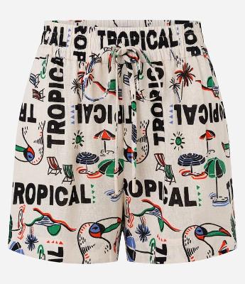 Short Runner Cintura Alta em Viscolinho com Estampa Tropical
