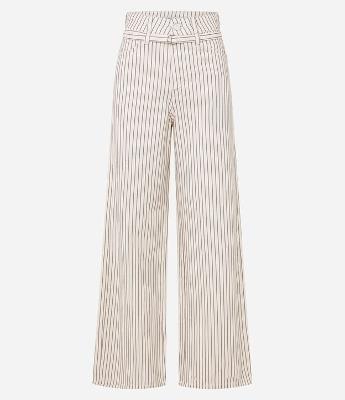 Calça WIde Leg Cintura Alta em Sarja Listrada e Cinto Estreito