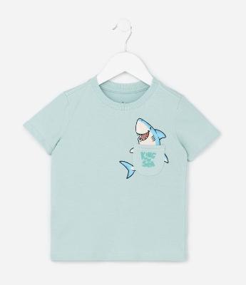 Camiseta Infantil com Bolso Estampado de Tubarão  - Tam 1 a 6 Anos