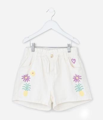 Short Infantil Clochard em Sarja com Estampa Tropical Bordada - Tam 5 a 14 Anos
