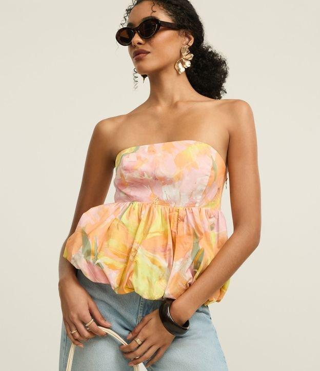 Blusa Balonê Sem Alça em Tricoline com Estampa Floral - 1