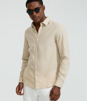 Camisa Regular em Linho com Estampa de Listra Fio Tinto e Texturizada