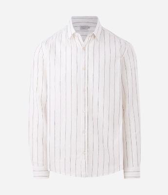 Camisa Regular em Linho com Estampa de Listra Fio Tinto e Texturizada
