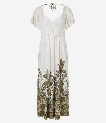Vestido Longo com Manga Godê e Estampa Ouro Preto