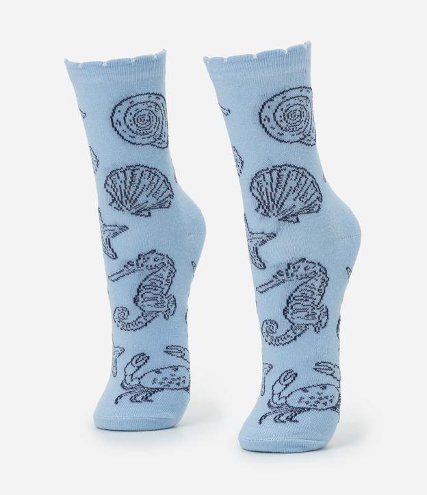 Meia Cano Alto em Algodão com Estampa Fundo Mar - 1