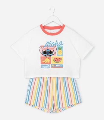 Pijama Curto Infantil com Estampa Listrada e Stitch - Tam 5 a 14 anos