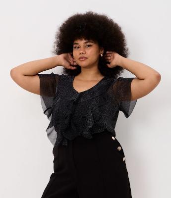 Blusa em Malha Metalizada e com Babados Curve & Plus Size