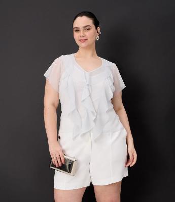 Blusa em Malha Metalizada e com Babados Curve & Plus Size