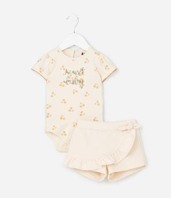 Conjunto Infantil com Estampa de Cerejas Sweet Baby Paetês - Tam 0 a 18 Meses