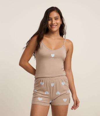 Pijama Short Doll com Peach Touch e Estampa Coração
