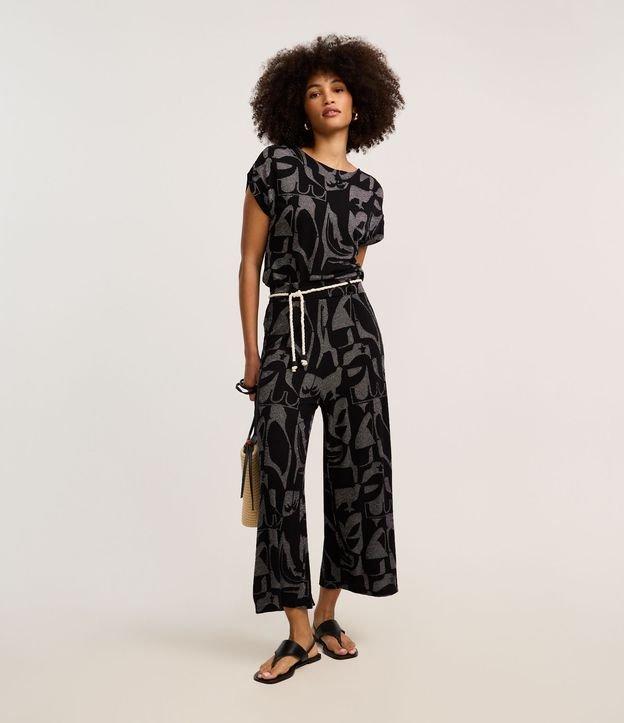 Calça Reta Canelada em Viscose com Cinto Corda e Estampa Abstrata - 1