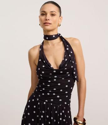 Blusa Frente Única em Tule com Lenço e Estampa Poá