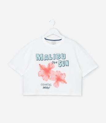 Camiseta Infantil Boxy com Estampa de Flores Malibu - Tam 7 a 16 Anos