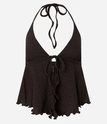 Blusa Frente Única Texturizada com Amarração e Barra Nuvem