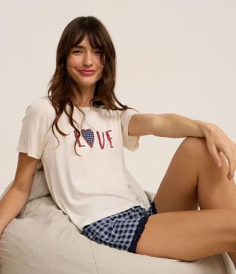 Short de Pijama em Viscose Xadrez com Rendinha na Barra