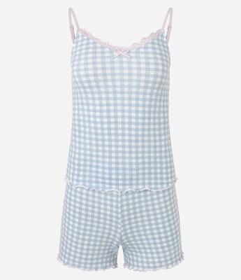 Pijama Short Doll em Viscolycra com Estampa Xadrez Vichy e Barra Frufru