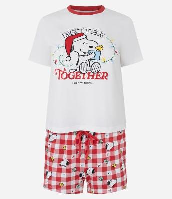Pijama Short Doll em Cotton com Estampa Snoopy Natalino e Short Xadrez