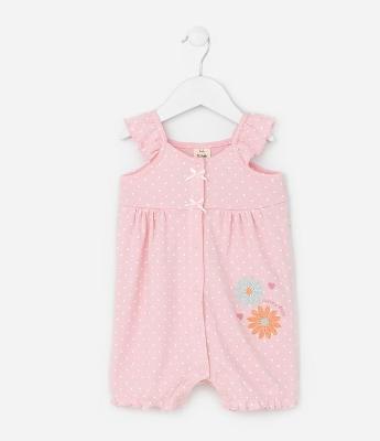 Macaquinho Infantil com Estampa Poá e Bordado de Flores - Tam 0 a 18 Meses