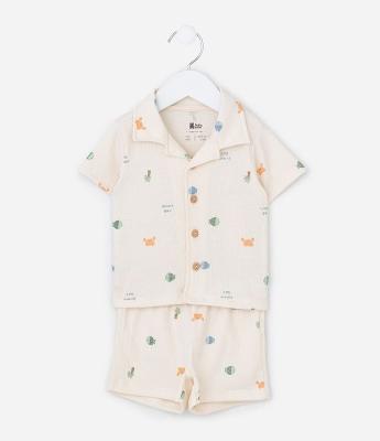 Conjunto Infantil em Anarruga com Estampa Fundo do Mar - Tam 0 a 18 Meses