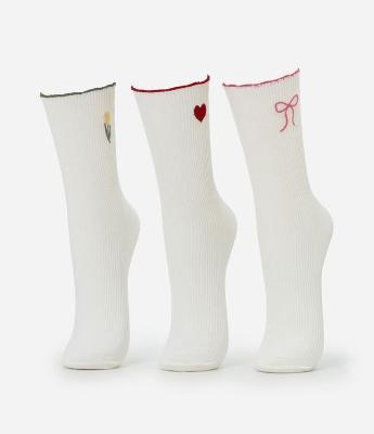 Kit 03 Meias Cano Alto em Algodão Canelado com Bordados Delicados e Frufru