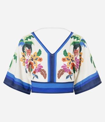 Blusa Cropped com Decote em V e Estampa Floral