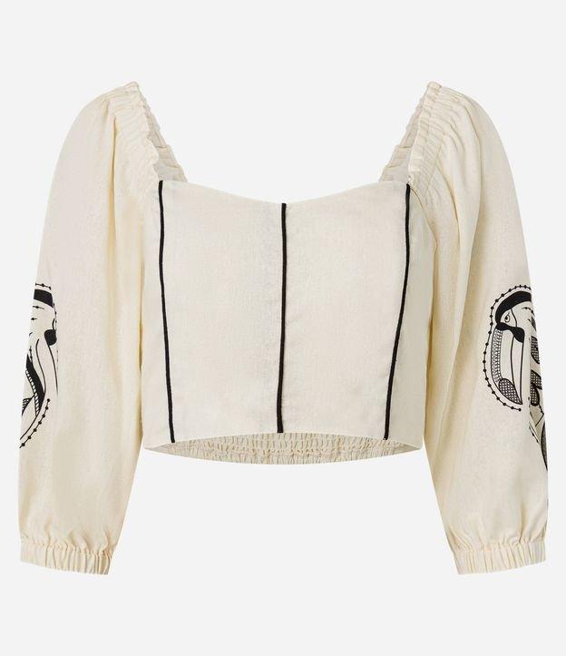 Blusa Curta em Viscolinho com Estampa Tropical e Manga 3/4 - 1