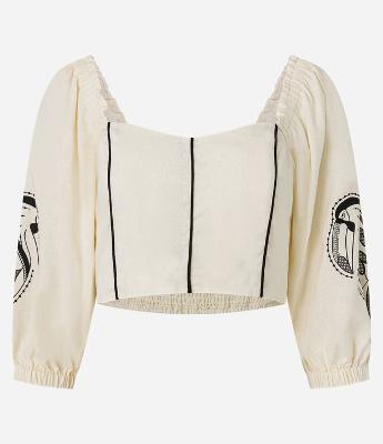 Blusa Curta em Viscolinho com Estampa Tropical e Manga 3/4