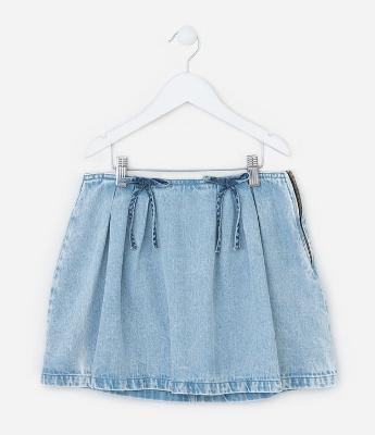 Saia Infantil em Jeans com Pregas e Aplicações de Lacinhos - Tam 7 a 14 Anos