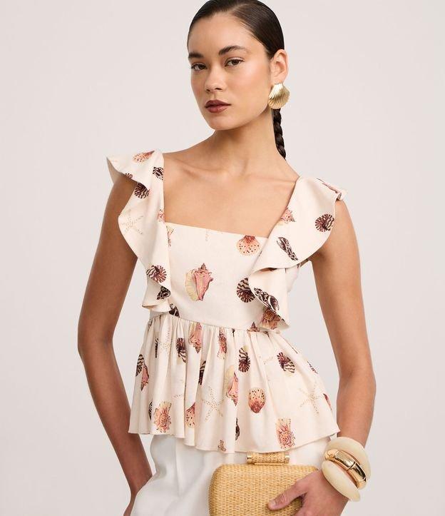 Blusa em Viscolinho com Alça de Babado e Estampa Concha - 3