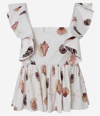 Blusa em Viscolinho com Alça de Babado e Estampa Concha