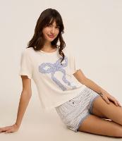 Short de Pijama em Viscose Listrada com Rendinha e Botões - 1