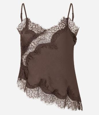 Blusa em Cetim com Renda com Barra Assimétrica