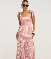 Vestido Longo em Sarja com Laço na Alça e Listras - 2