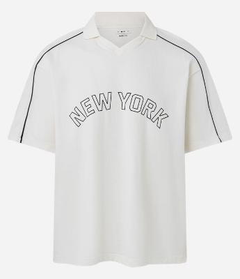 Camiseta Boxy em Algodão Texturizado com Listras e Estampa New York
