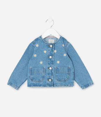 Jaqueta Infantil em Jeans com Bordado de Flores - Tam 1 a 6 Anos