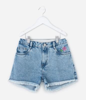 Short Infantil Regular em Jeans com Flor Bordada - Tam 7 a 14  Anos