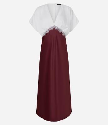 Vestido Longo Midi em Efeito Acetinado com Detalhe de Renda