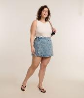 Short Saia em Jeans com Brilhos Frontais Curve & Plus Size - 1