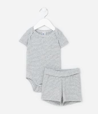 Conjunto Infantil em Ribana com Estampa de Listras - Tam 0 a 18 Meses