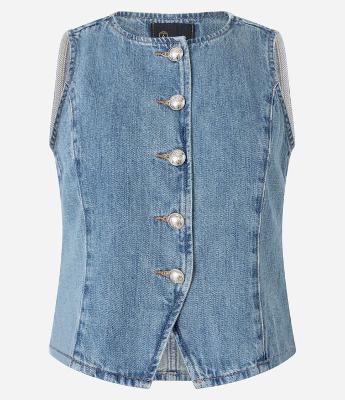 Colete em Jeans com Recortes e Botões de Brasão