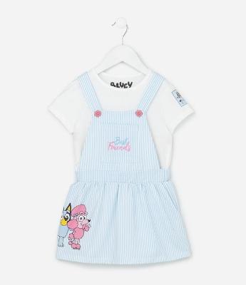 Salopete Infantil Slim Listrada com Estampa Bluey e Camiseta - Tam 1 a 6 Anos