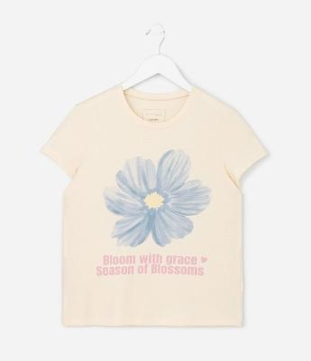 Camiseta Infantil com Estampa Flor Bloom Eggnog - Tam 5 a 14 Anos