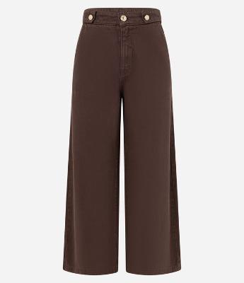 Calça Wide Leg Cropped em Sarja com Tiras no Cós