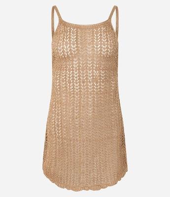 Saída de Praia Vestido Curto com Ponto Vazado e Fio Metalizado