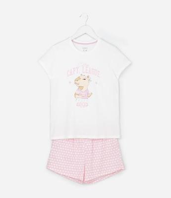 Pijama Curto Infantil com Estampa de Flores e Capivara - Tam 5 a 16 anos