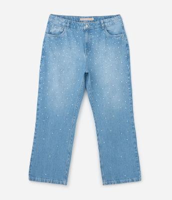 Calça Reta em Jeans com Strass e Pérolas Aplicadas Curve & Plus Size