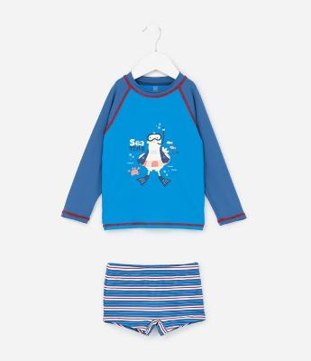 Conjunto Infantil com Proteção UV e Estampa Pinguim - Tam 6 Meses a 4 Anos