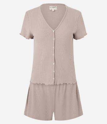 Pijama Short Doll em Ribana com Botões e Barra Frufru