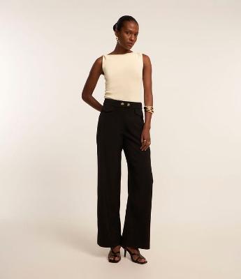 Calça Reta em Alfaiataria Com Cós Transpassado e Pregas