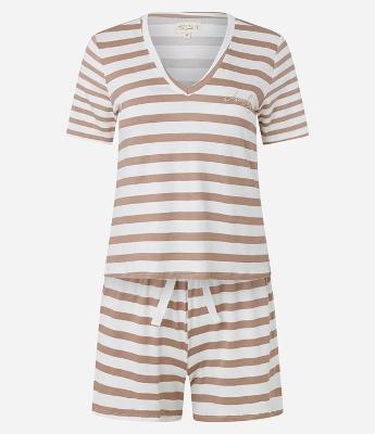 Pijama Short Doll em Viscolycra Listrada com Bordado Aconchego